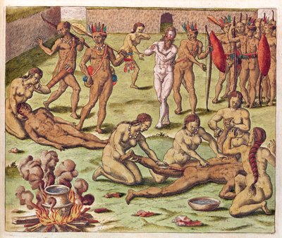 Navigatio in Brasiliam Americae, Immolation of a Barbarian (page 525), 1563 by Theodore de Bry